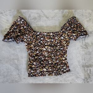 Moa Moa Blouse Junior Medium Crop Black Floral Puff Sleeves Ruche Top M Y2K